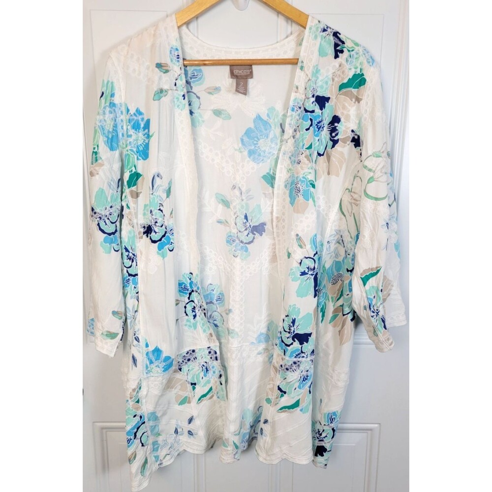 Chico's Floral Embroidered Kimono Cardigan Size L (Chico's Size 2)